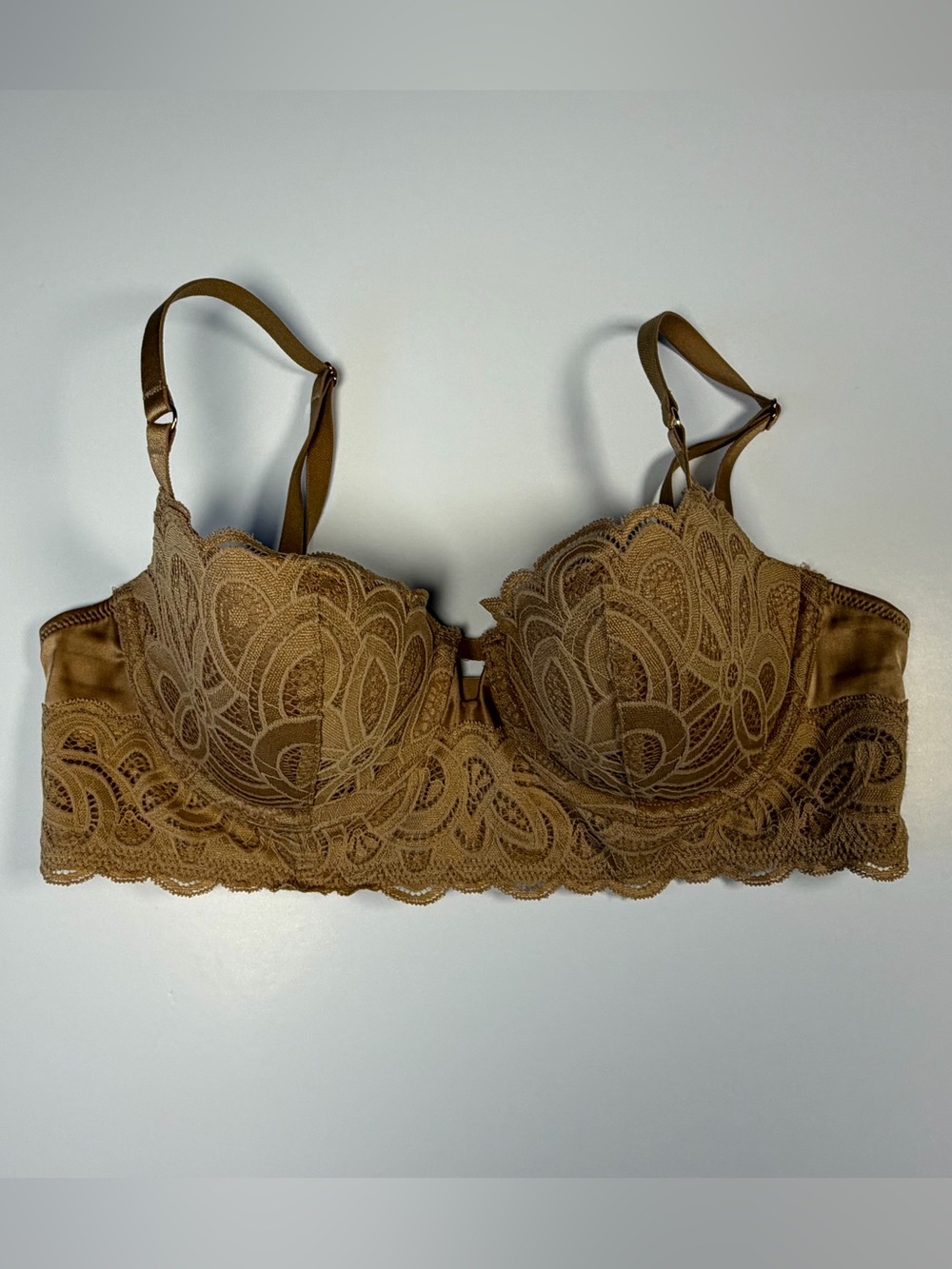 Aerie Show Off Balconette Longline Lace Bra 34B Brown Underwire Floral Lingerie